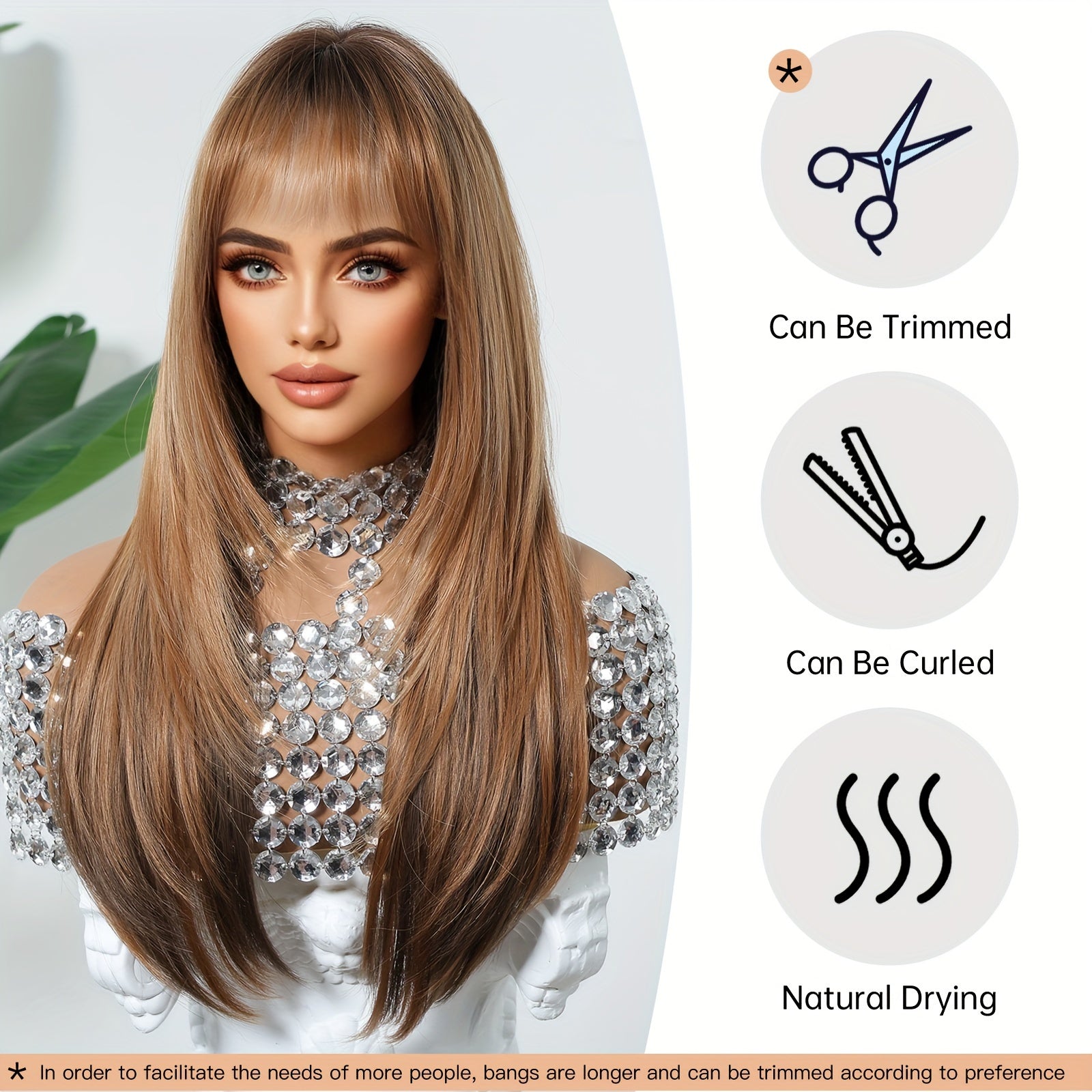 Elegant Women'S Wig Light Brown Long Straight Layered Ends Fashion for Daily Wear with Matte Finish, Tang Long Fiber, 100% Density Rose Net Cap, Versatile Fit for All, Heat-Resistant and Customizable